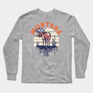 Big Sky Country Montana. Cool Retro Shirt Art Featuring A Moose Long Sleeve T-Shirt